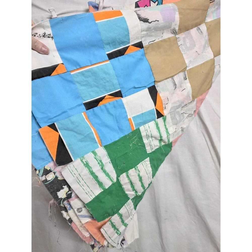 Vintage Patchwork Quilt Top 60x74 Colorful 80s Fabrics Floral Geometric